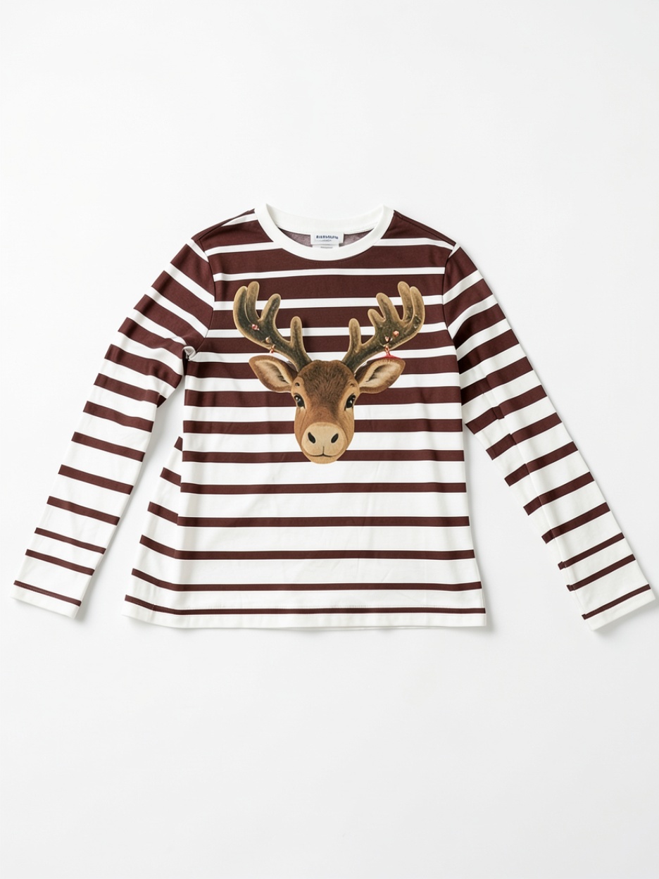 Christmas Reindeer Print Striped Long-Sleeve T-Shirt, Festive Crew Neck Top