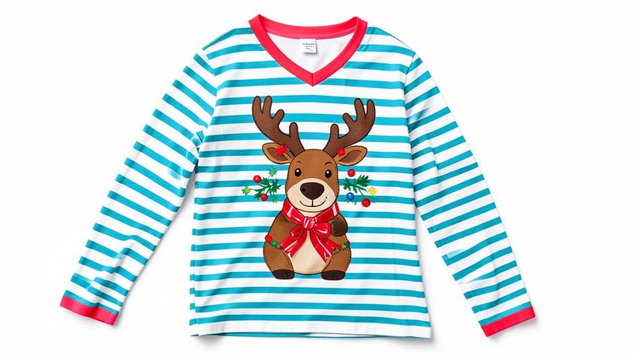 Christmas Reindeer Print Blue & White Striped V-Neck Long-Sleeve T-Shirt