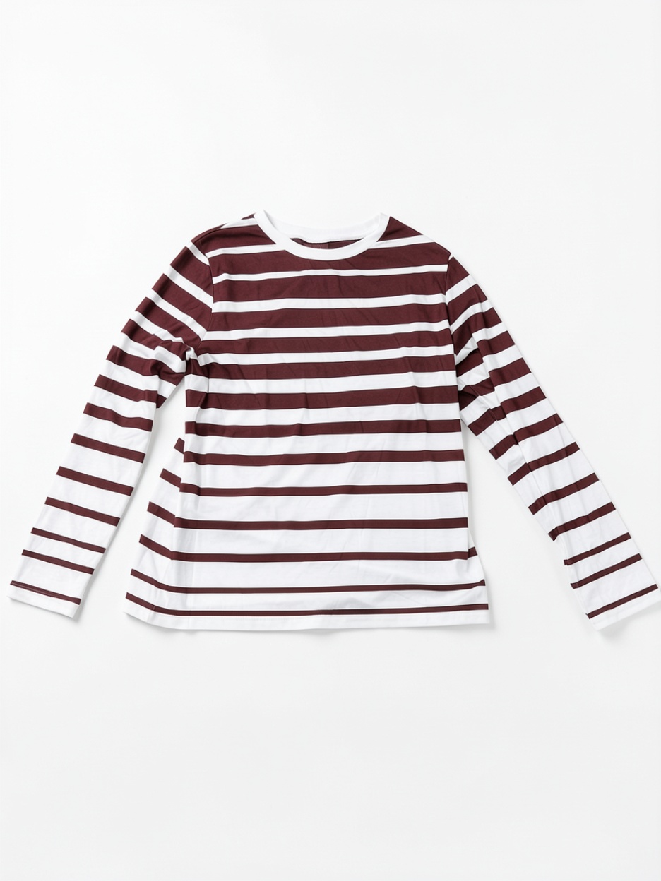 Classic Maroon & White Striped Long-Sleeve T-Shirt, Everyday Crew Neck Top