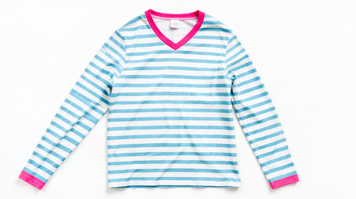 Blue & White Striped V-Neck Long-Sleeve T-Shirt with Pink Trim