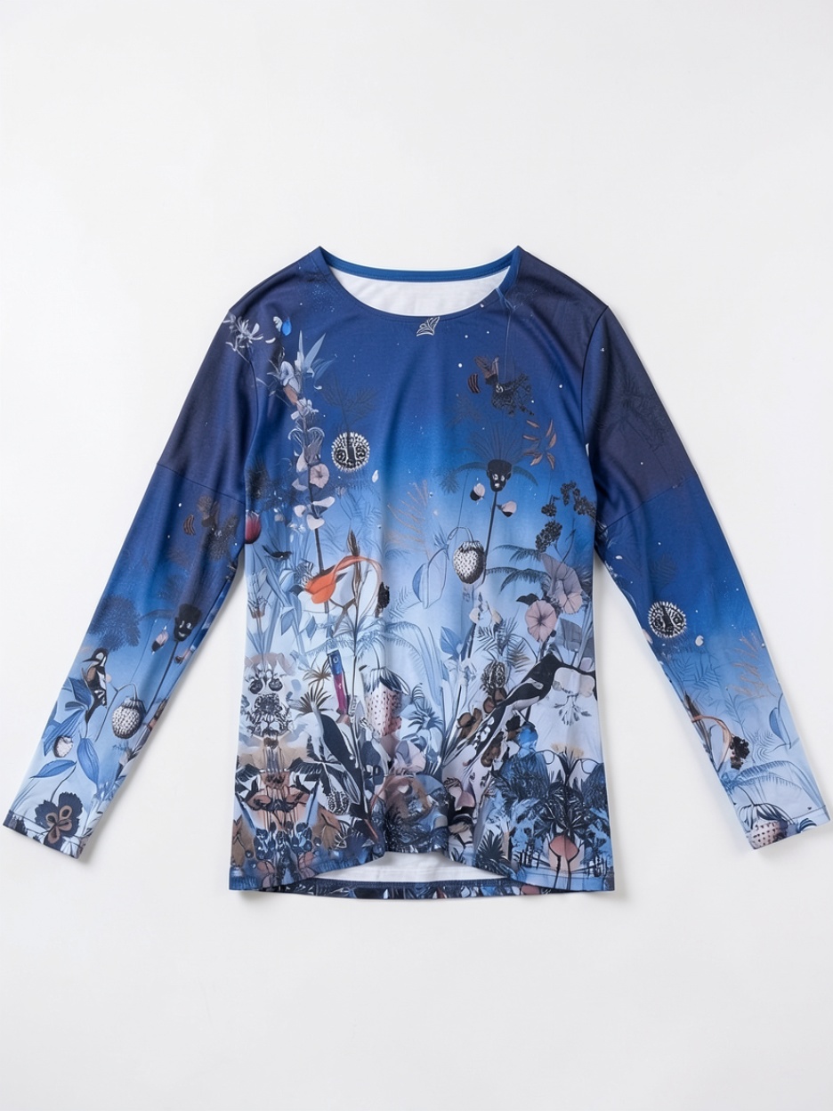 Blue Gradient Enchanted Forest Print Long-Sleeve T-Shirt, Artistic Crew Neck Top