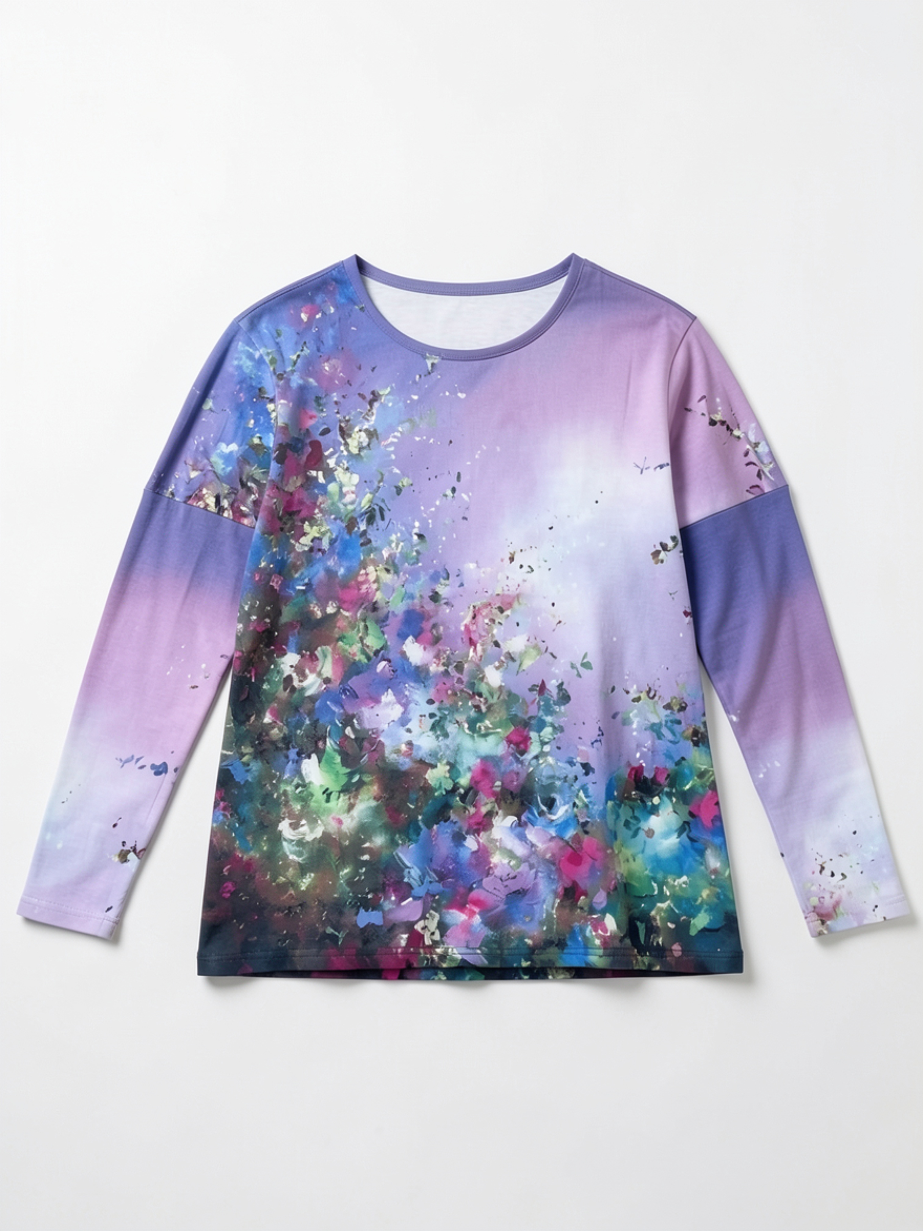 Watercolor Floral Gradient Long-Sleeve T-Shirt, Artistic Crew Neck Top