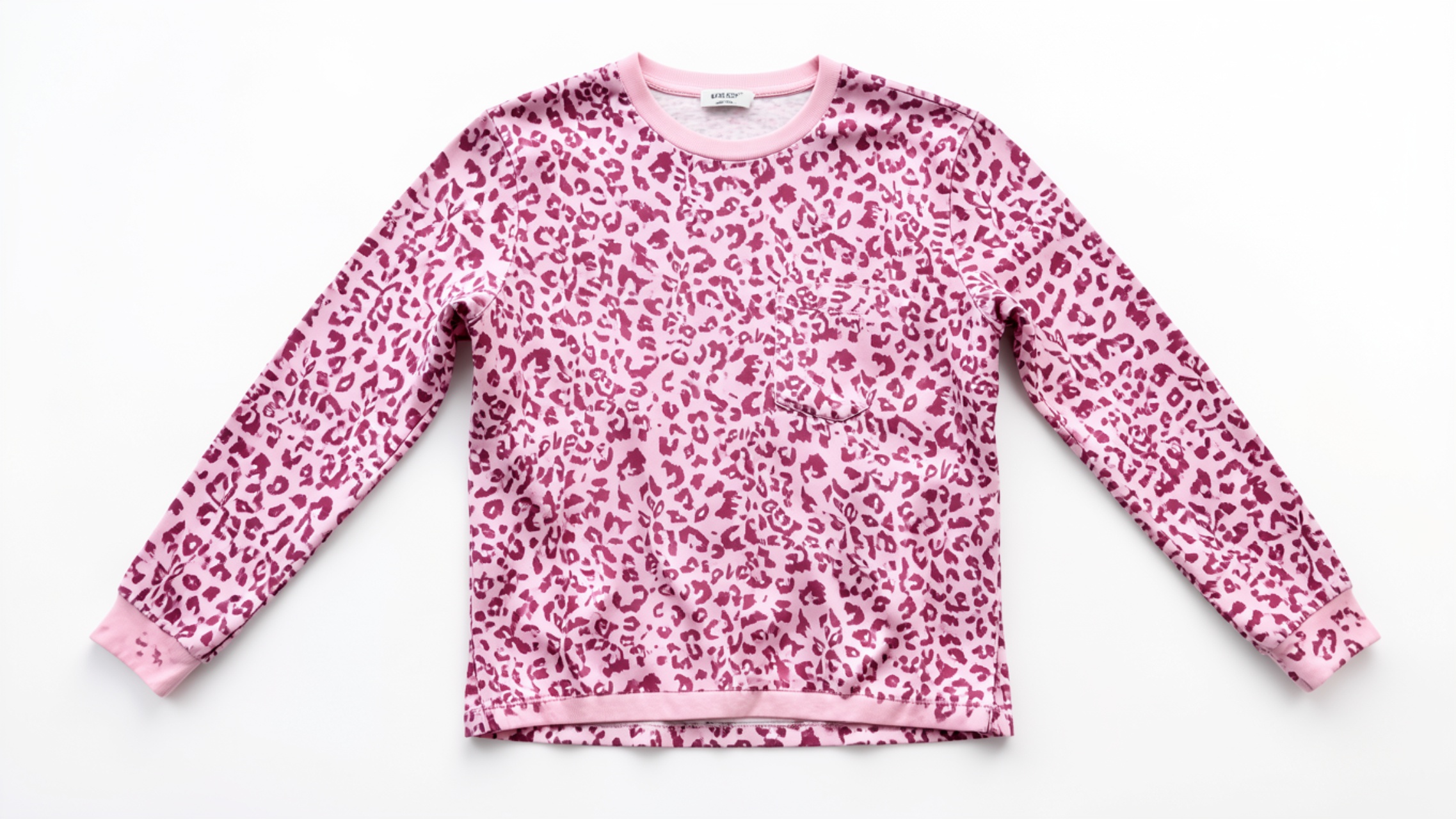 Pink Leopard Print Crew Neck Long-Sleeve T-Shirt, Casual Animal Print Top