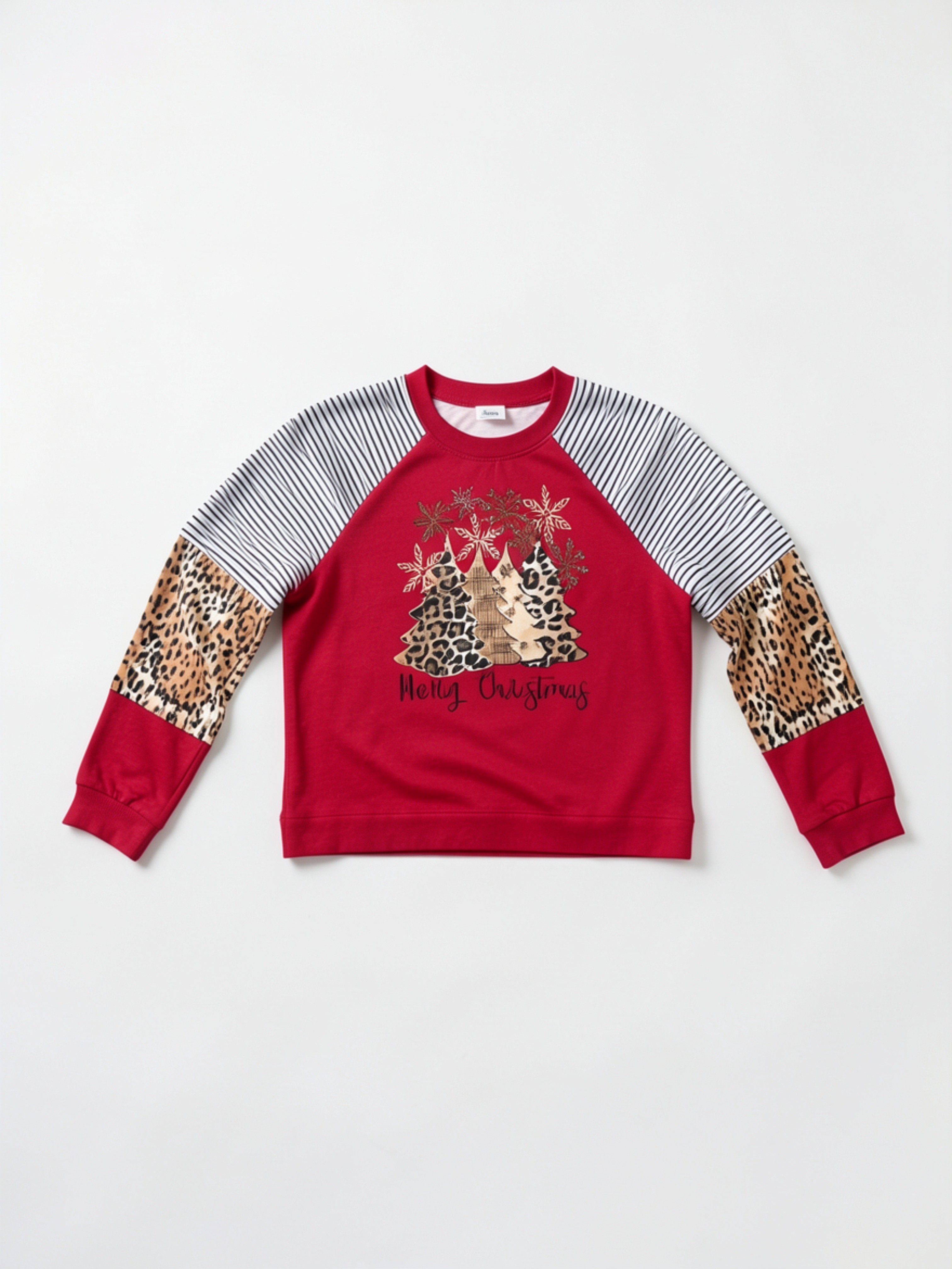 Christmas Leopard Print Color-Block Raglan Sweatshirt, Festive Crew Neck Top