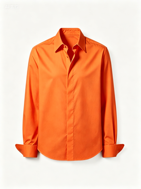 Bright Orange Solid Color Long-Sleeve Button-Up Shirt, Classic Point Collar