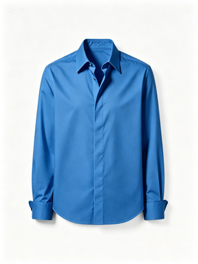 Bright Blue Solid Color Long-Sleeve Button-Up Shirt, Classic Point Collar