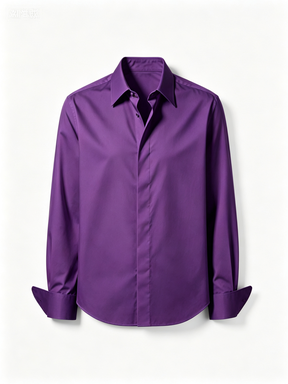 Vibrant Purple Solid Color Long-Sleeve Button-Up Shirt, Classic Point Collar