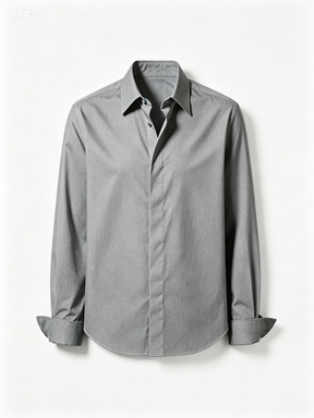 Medium Gray Solid Color Long-Sleeve Button-Up Shirt, Classic Point Collar