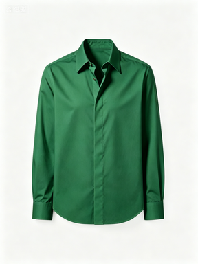 Forest Green Solid Color Long-Sleeve Button-Up Shirt, Classic Point Collar