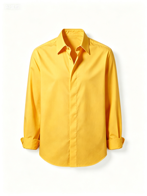 Bright Yellow Solid Color Long-Sleeve Button-Up Shirt, Classic Point Collar