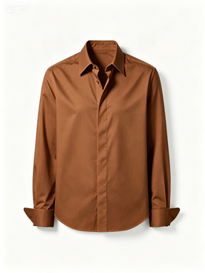  Caramel Brown Solid Color Long-Sleeve Button-Up Shirt, Classic Point Collar