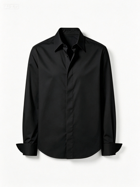 Solid Black Long-Sleeve Button-Up Shirt, Classic Point Collar