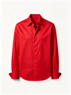 Bright Red Solid Color Long-Sleeve Button-Up Shirt, Classic Point Collar