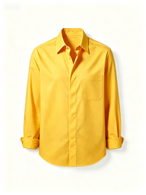 Bright Yellow Casual Long-Sleeve Button-Up Shirt with Chest Pocket