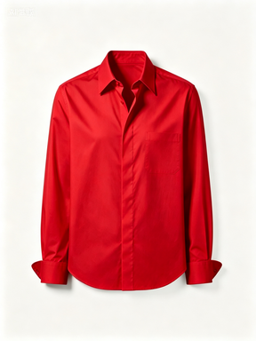 Bright Red Button-Up Shirt with Chest Pocket, Long Sleeve