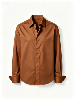 Caramel Brown Button-Up Shirt with Chest Pocket, Long Sleeve