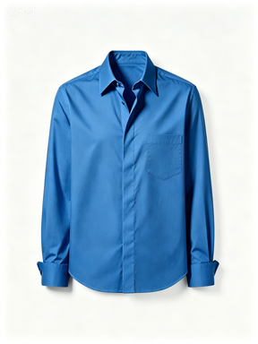 Vibrant Blue Button-Up Shirt with Chest Pocket, Long Sleeve