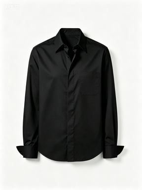 Solid Black Button-Up Shirt with Chest Pocket, Long Sleeve
