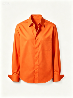 Vibrant Orange Button-Up Shirt with Chest Pocket, Long Sleeve