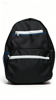 Solid Black Casual Backpack with Mesh Pockets, Everyday Use