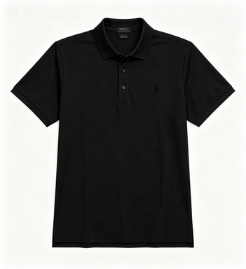 Men's Black Polo Shirt with Embroidered Pony Logo, Breathable Cotton Blend