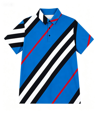 Men's Blue Geometric Stripe Polo Shirt, Breathable & Wrinkle-Resistant