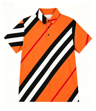 Men's Orange Geometric Stripe Polo Shirt, Breathable & Wrinkle-Resistant