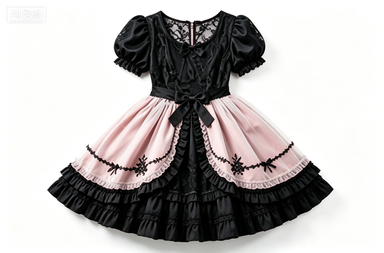 Black & Pink Gothic Lolita Dress, Lace & Ruffle Short-Sleeve Party Dress