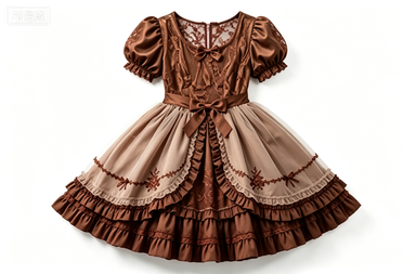 Coffee Brown Vintage Lolita Dress, Lace & Ruffle Short-Sleeve Party Dress
