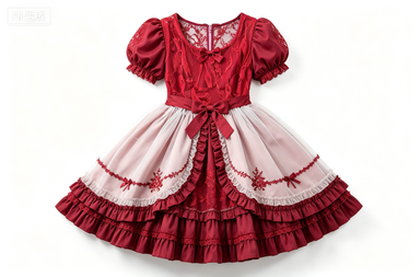 Red-Pink Gradient Sweet Lolita Dress, Lace & Ruffle Short-Sleeve Party Dress