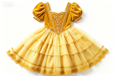 Golden Fairy Tale Lolita Dress, Velvet & Tulle Puff Sleeve Party Dress