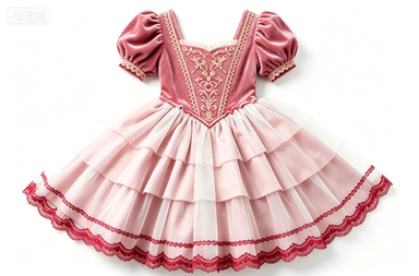 Pink Velvet Fairy Tale Lolita Dress, Lace-Trimmed Puff Sleeve Party Dress