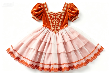 Orange-Pink Velvet Fairy Tale Lolita Dress, Lace-Trimmed Puff Sleeve Party Dress