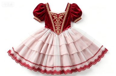 Red-Pink Velvet Fairy Tale Lolita Dress, Lace-Trimmed Puff Sleeve Party Dress
