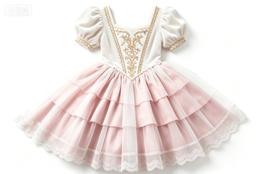 White-Pink Velvet Fairy Tale Lolita Dress, Lace-Trimmed Puff Sleeve Party Dress