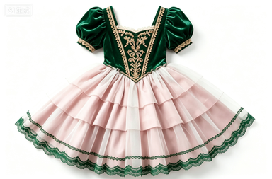 Green-Pink Velvet Fairy Tale Lolita Dress, Lace-Trimmed Puff Sleeve Party Dress