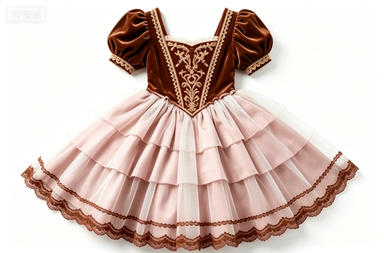 Brown-Pink Velvet Fairy Tale Lolita Dress, Lace-Trimmed Puff Sleeve Party Dress