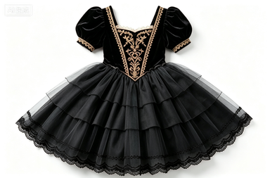 Black Velvet Fairy Tale Lolita Dress, Lace-Trimmed Puff Sleeve Party Dress