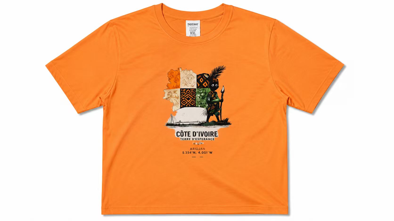 Orange Côte d'Ivoire Map Print T-Shirt, Abidjan Coordinates Tee with Tribal Design