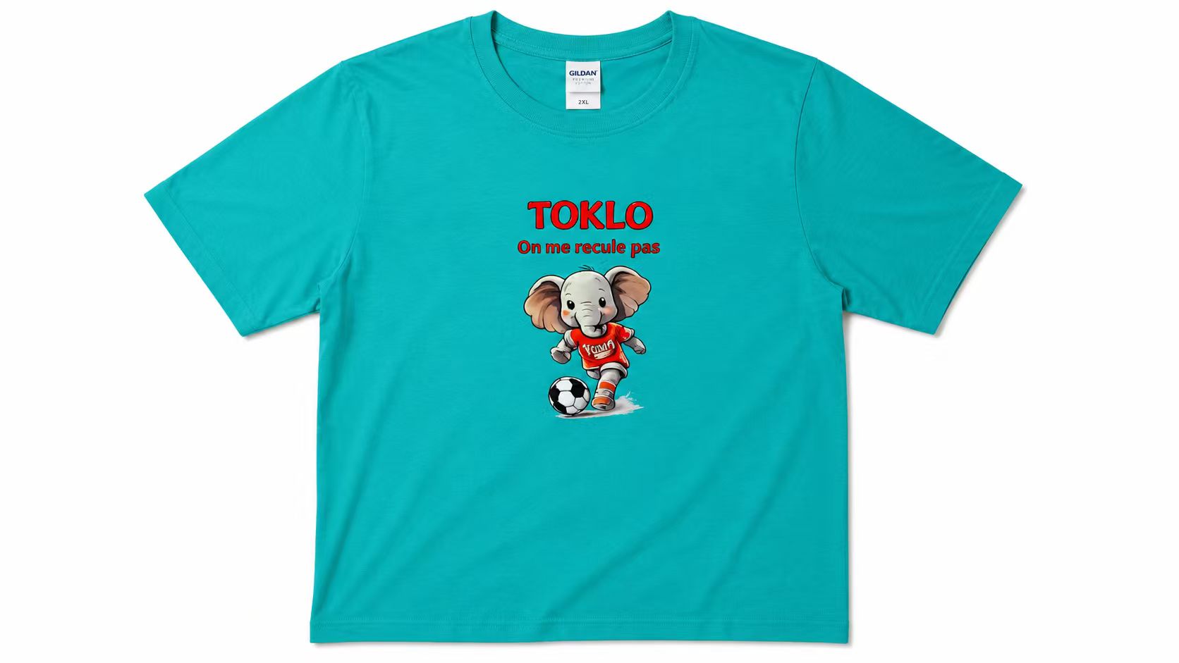 Teal Football Elephant Print T-Shirt, "TOKLO" French Quote Tee