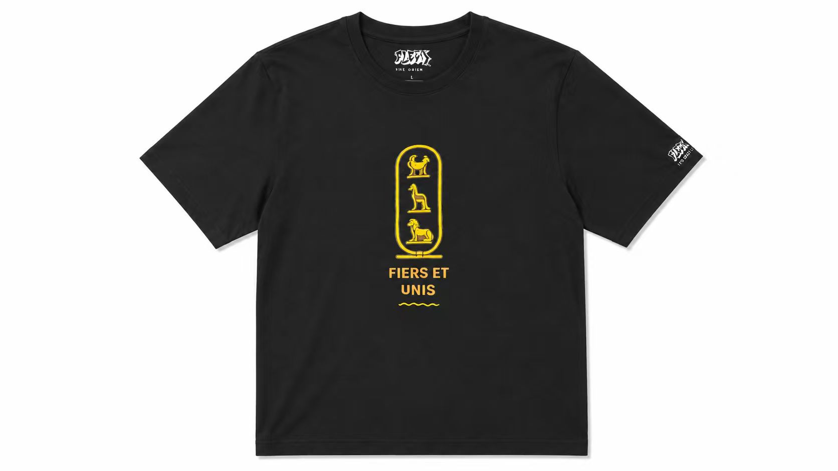 Black Egyptian Hieroglyph Print T-Shirt, "Fiers et Unis" West Africa Tee