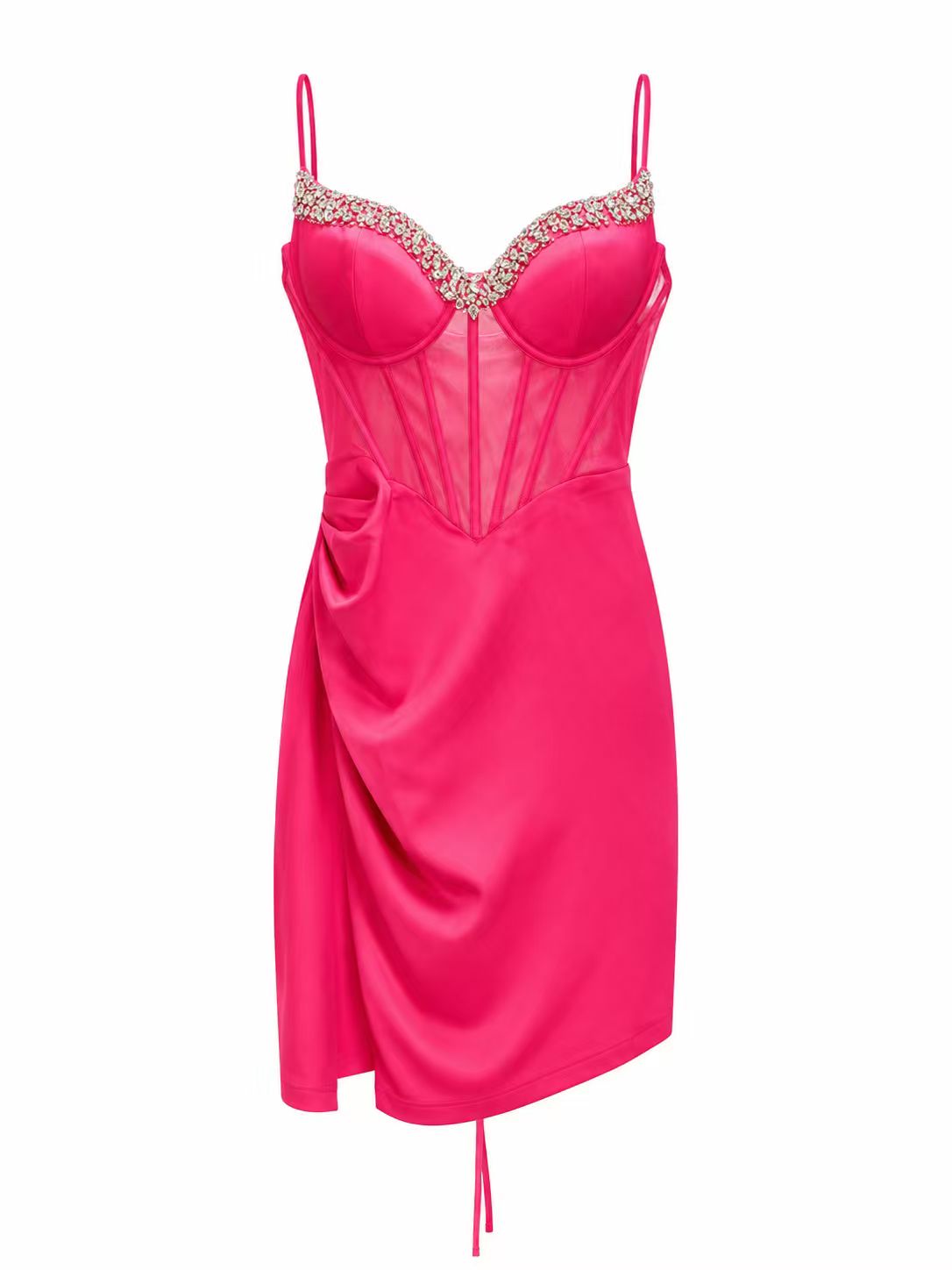 Hot Pink Crystal Corset Mini Dress, Satin Asymmetrical Party Dress