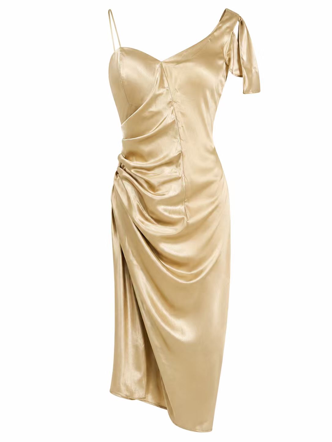 Champagne Gold Satin One-Shoulder Midi Dress, Ruched Asymmetrical Party Dress