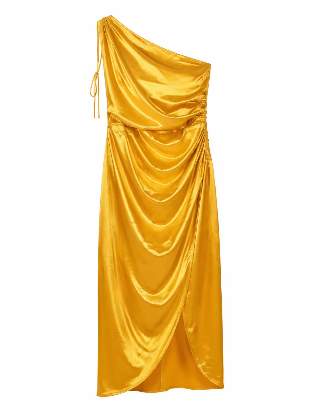 Golden Yellow Satin One-Shoulder Midi Dress, Draped Ruched Party Dress