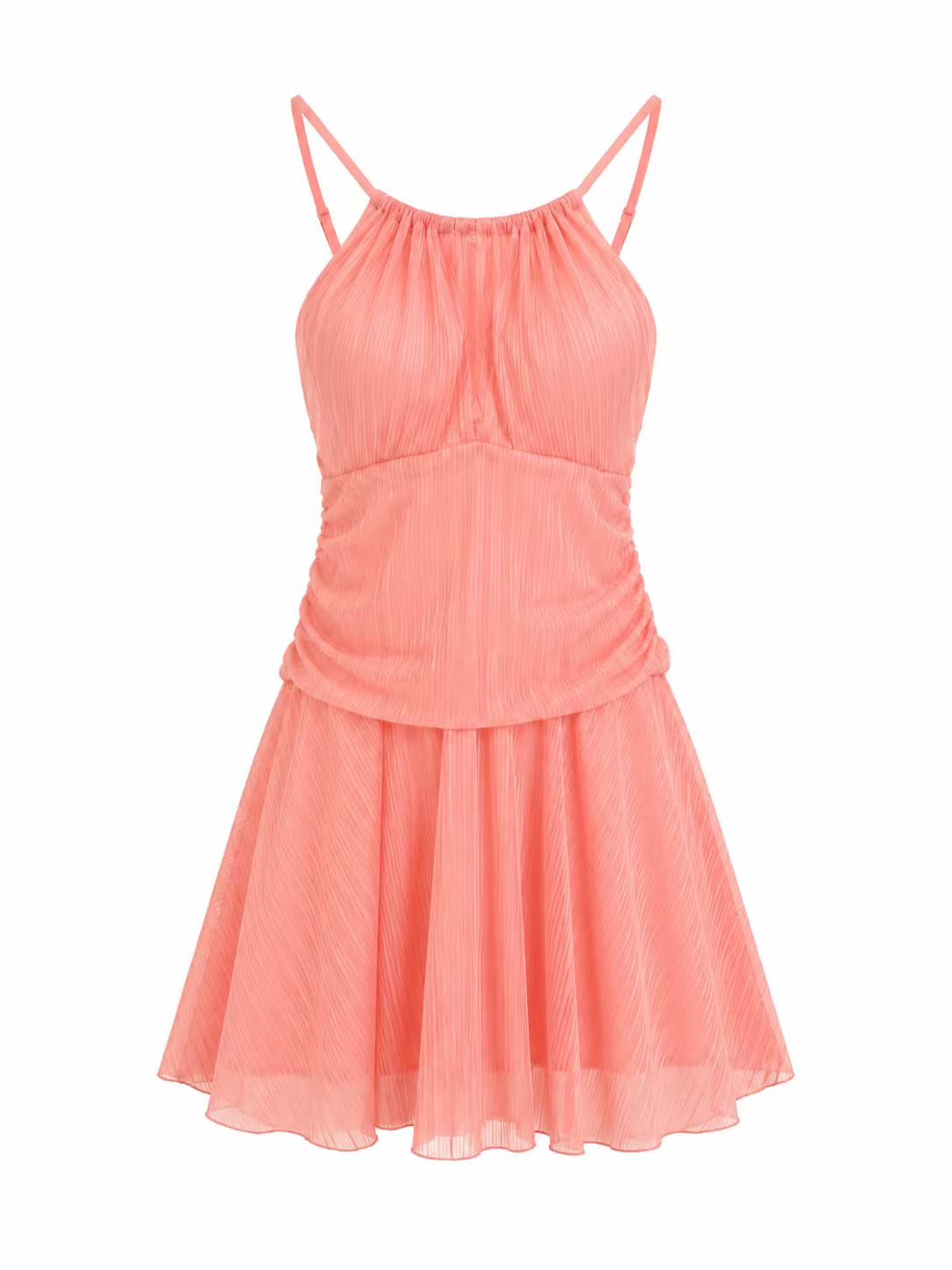 Coral Pink Textured Halter Mini Dress, Ruched Flowy Chiffon Dress