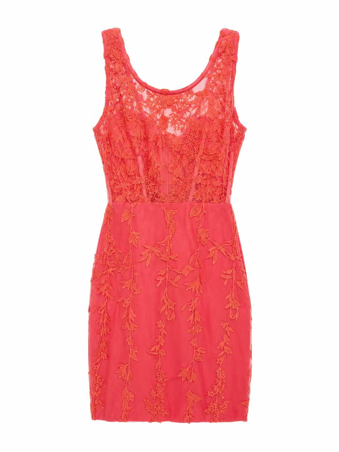 Coral Red Lace Corset Mini Dress, Floral Embroidered Bodycon Party Dress
