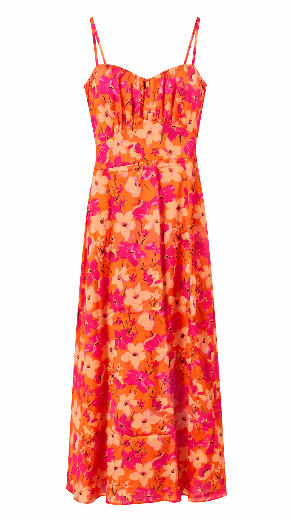 Orange & Pink Floral Print Cami Midi Dress, Sweetheart Neckline Flowy Dress