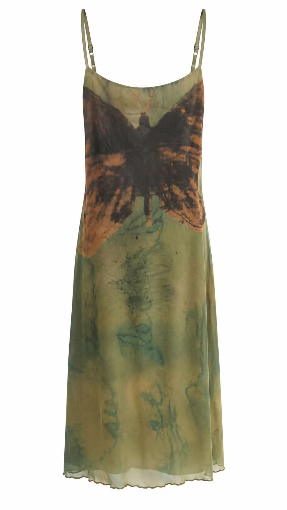 Vintage Butterfly Print Slip Midi Dress, Adjustable Spaghetti Straps