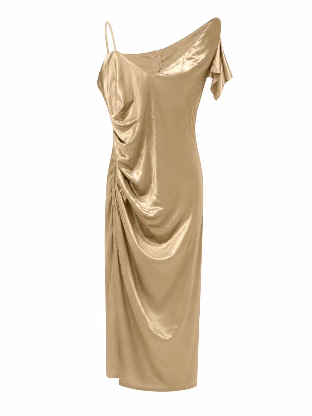 Champagne Gold Satin Asymmetrical One-Shoulder Midi Dress, Ruched Bodycon