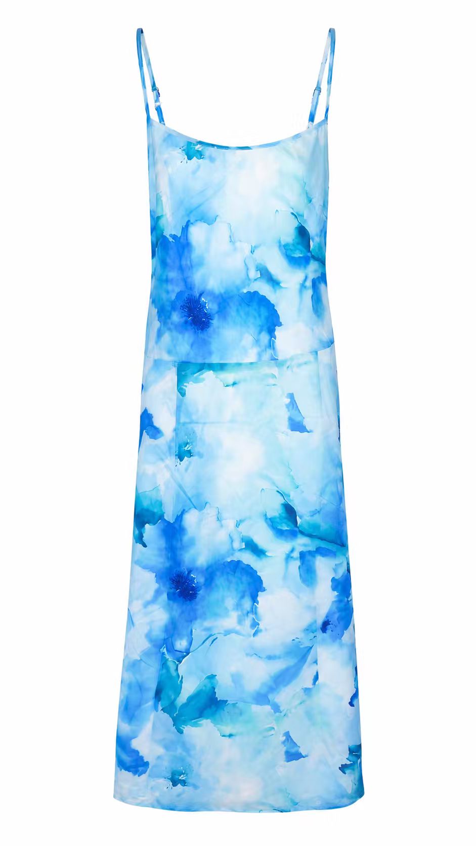Blue Watercolor Floral Print Slip Midi Dress, Adjustable Spaghetti Straps